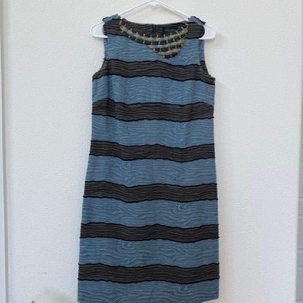 PIAZZA SEMPIONE Sleeveless Shift Dress Blue Black Textured Stripe Beaded Italy 8